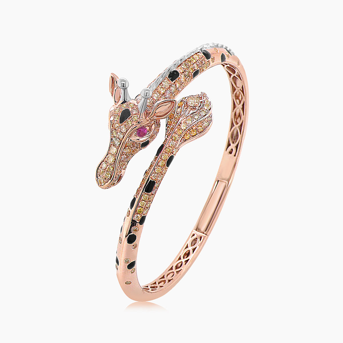 giraffe animal diamond pave & black onyx & ruby 18k rose gold bracelet bangle