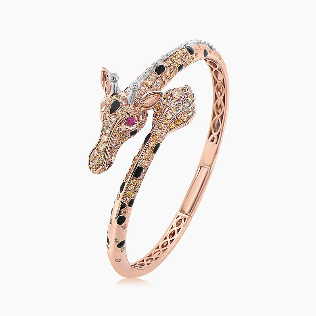 Giraffe Animal Diamond Pave &amp; Black Onyx &amp; Ruby 18K Rose Gold Bracelet Bangle