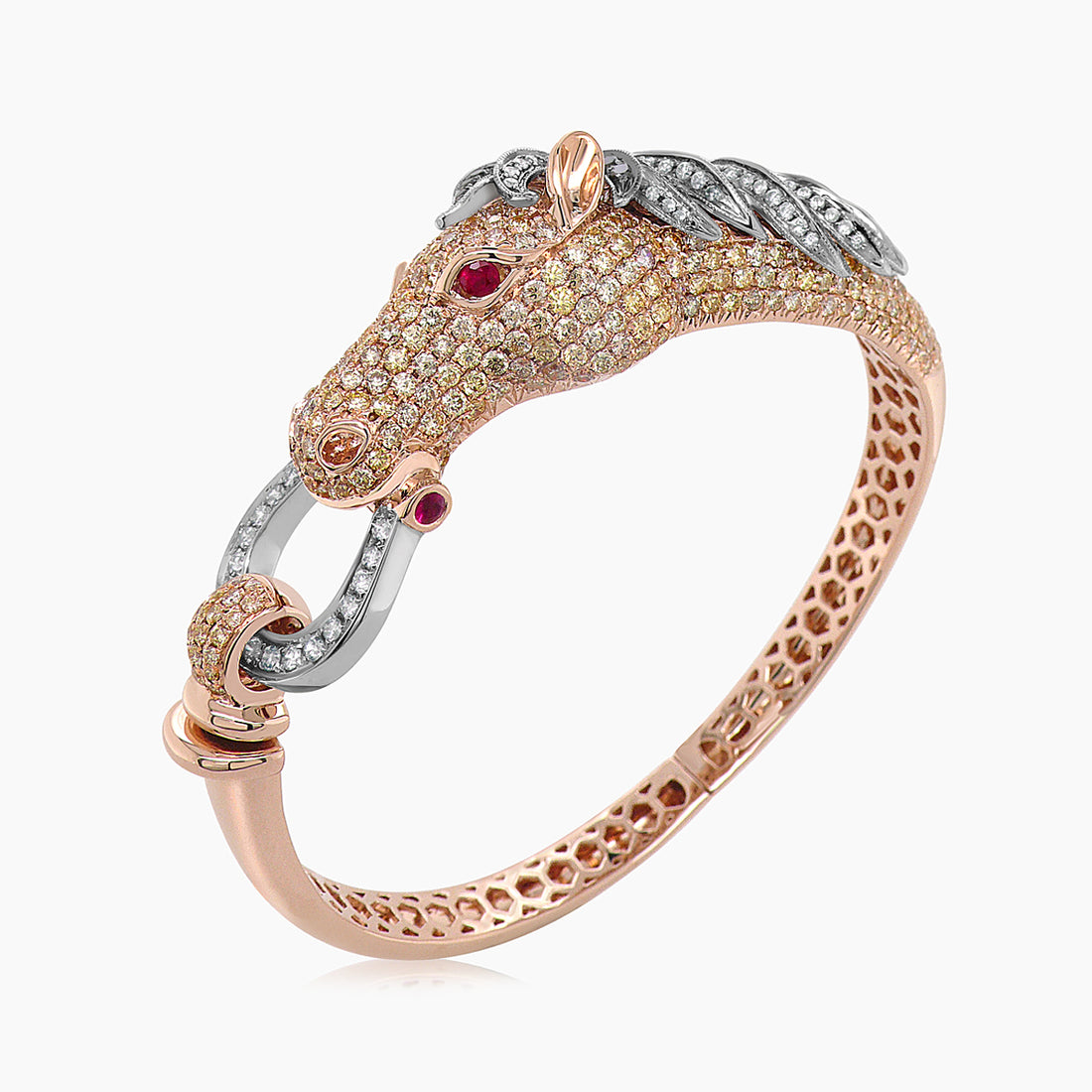 Horse Stallion Pony Diamond Pave & Ruby 18K Rose & White Gold Bracelet Bangle
