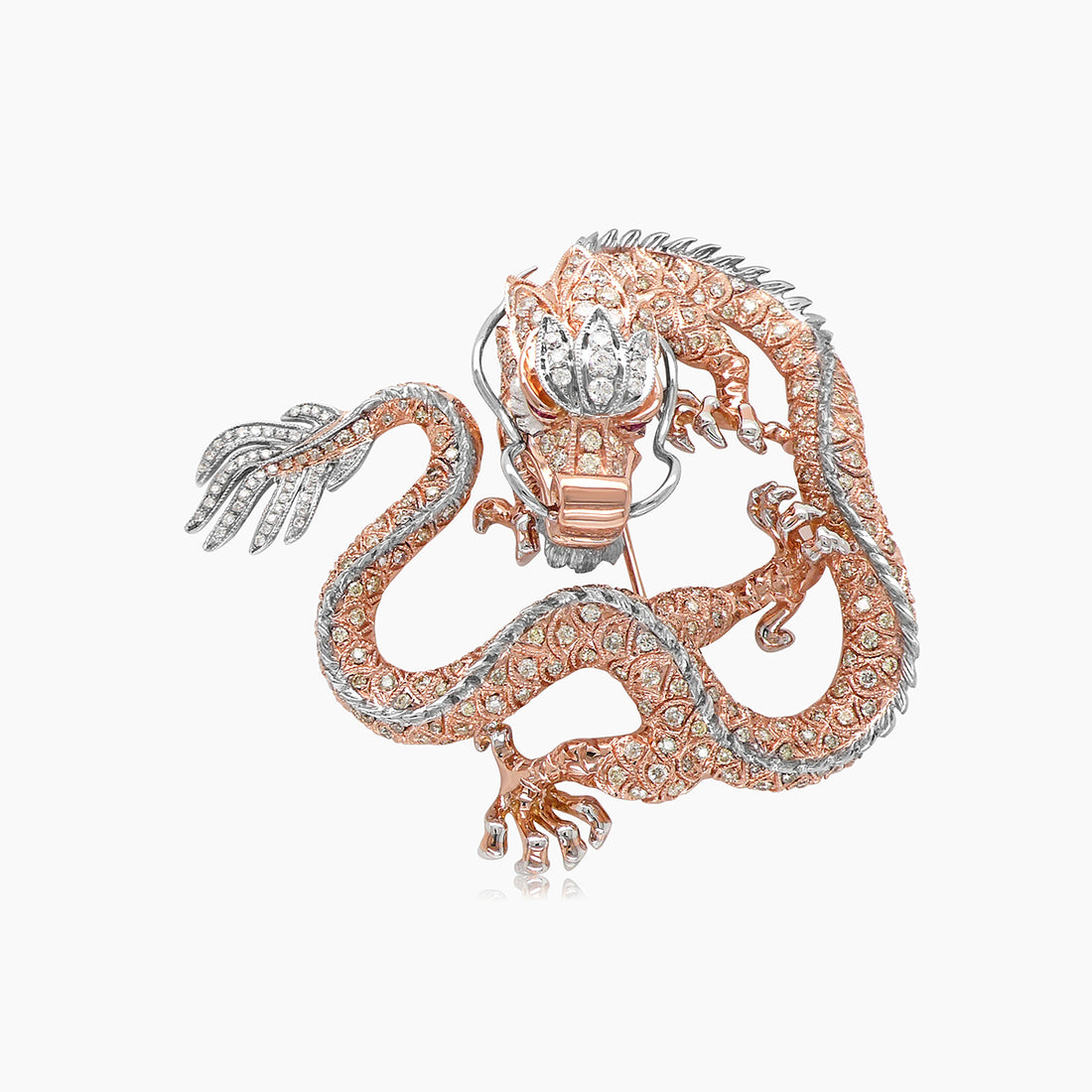 Fantasy Dragon Diamond Pave & Ruby 18K Rose & White Gold Animal Pin Brooch