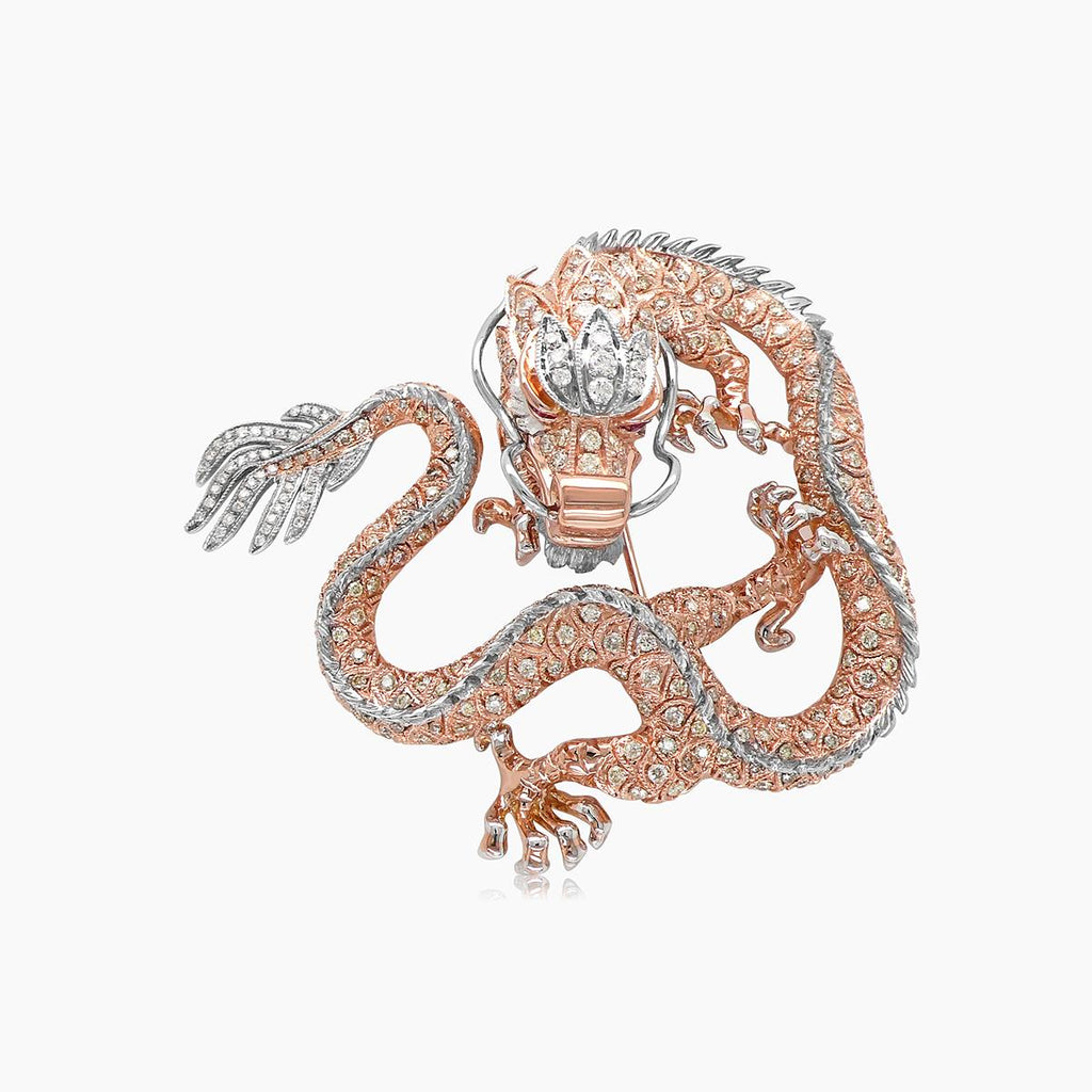 Fantasy Dragon Diamond Pave & Ruby 18K Rose & White Gold Animal Pin Brooch