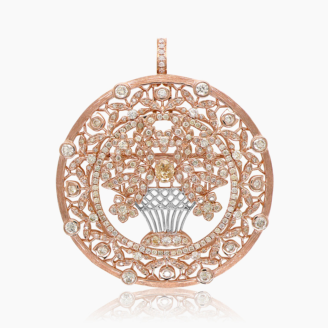 Blooming Vase Basket of Flowers Floral Prosperity Diamonds 18K Rose Gold Pendant