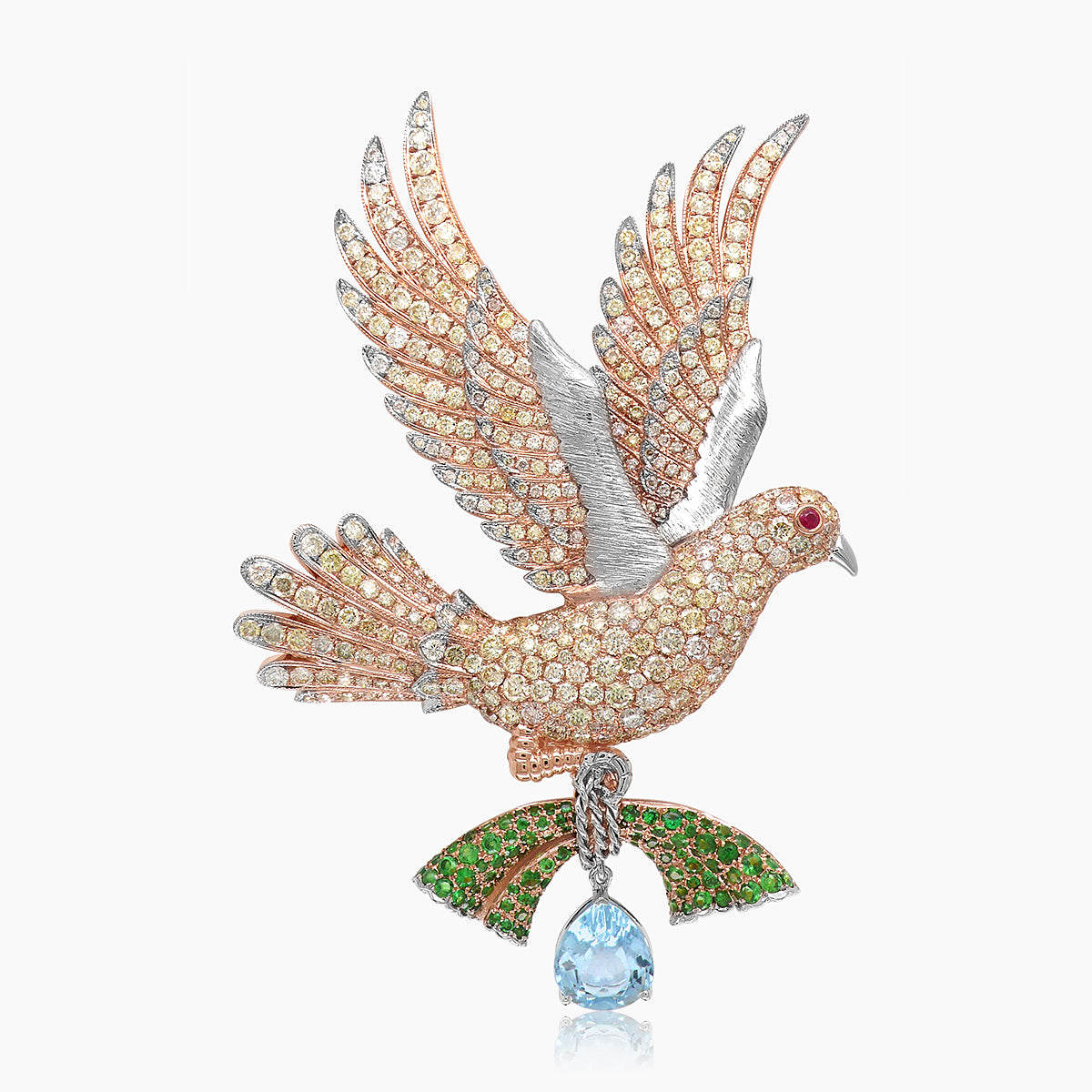aquamarine & green garnet & diamond pave dove bird 18k two tone gold pin brooch