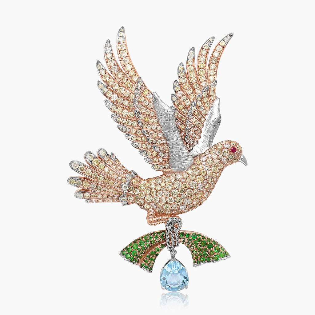 Aquamarine & Green Garnet & Diamond Pave Dove Bird 18K Two Tone Gold Pin Brooch