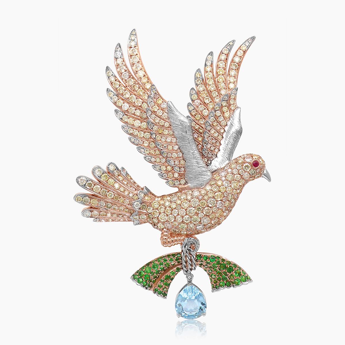 aquamarine & green garnet & diamond pave dove bird 18k two tone gold pin brooch