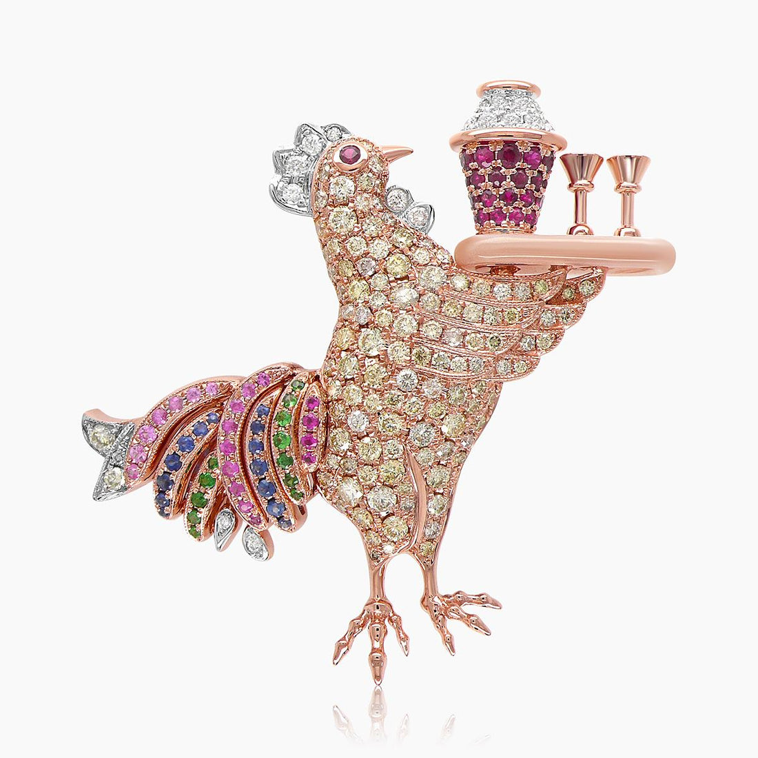 Rooster Bird Chicken Diamond Sapphire Ruby Garnet &amp; Pearl Gold Cocktail Brooch