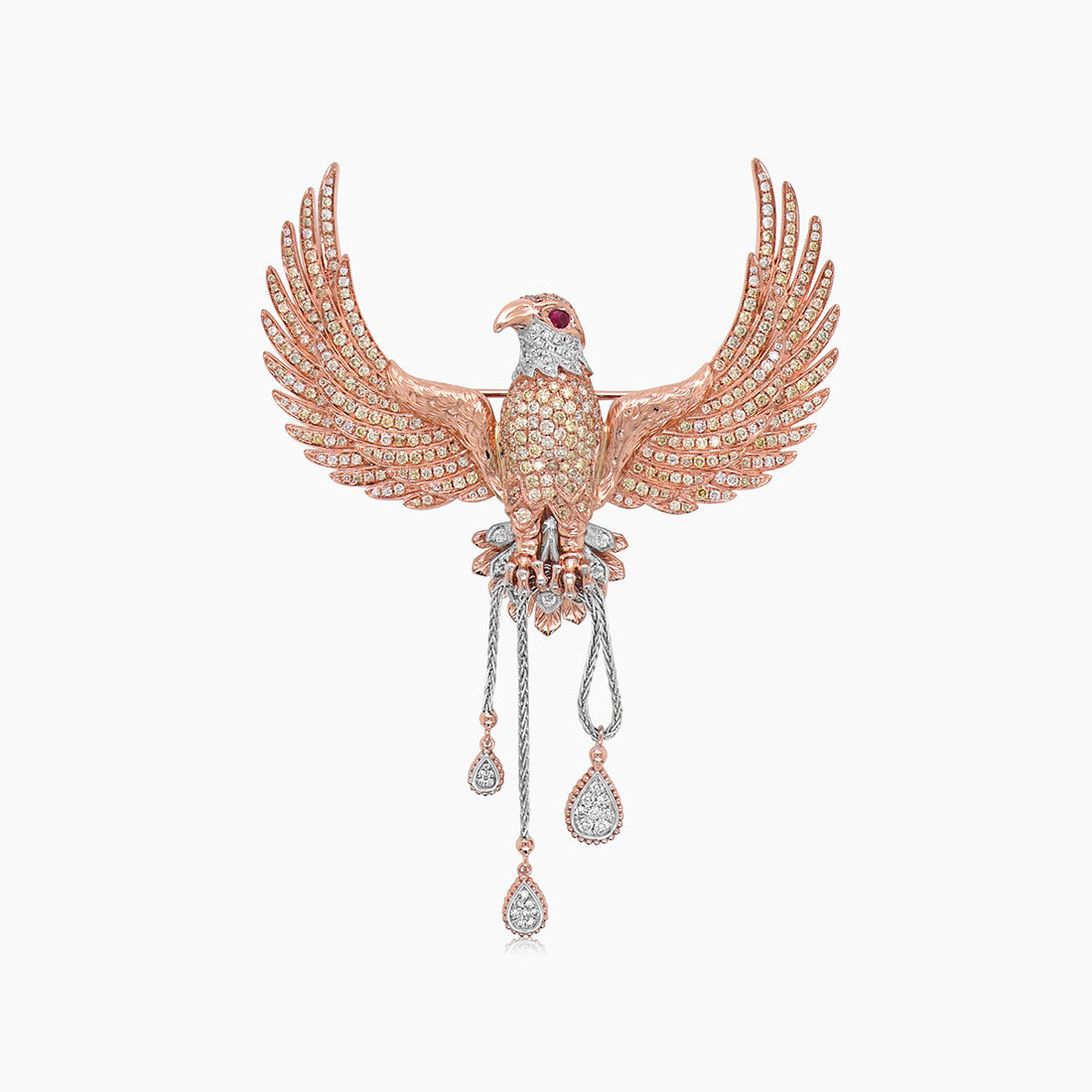 Eagle Bird Diamonds Pave & Ruby 18K Rose Gold Brooch Pendant