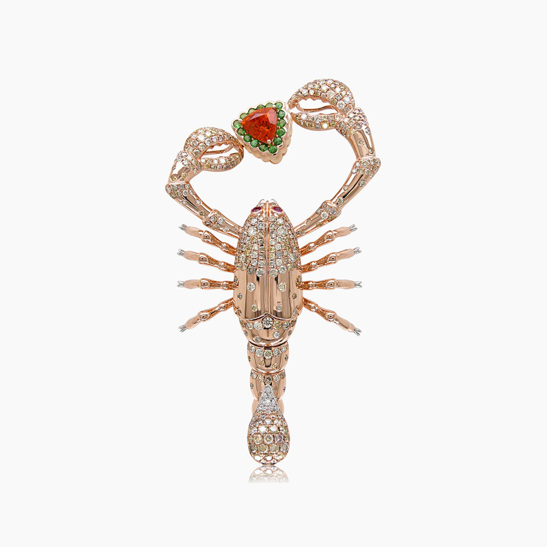 Scorpion Fancy Diamond Ruby Garnet & White Shell 18K Rose Gold Scorpio Brooch