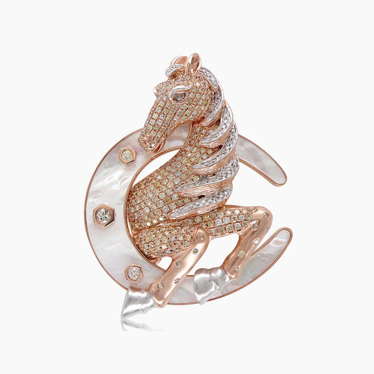 Horse Stallion Pony Diamond Pave & Pearl 18K Rose & White Gold Pin Brooch