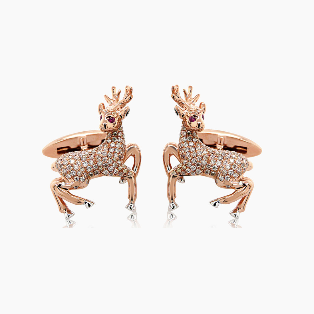 Deer Animal Diamond Pave & Ruby 18K Rose & White Gold Cufflinks