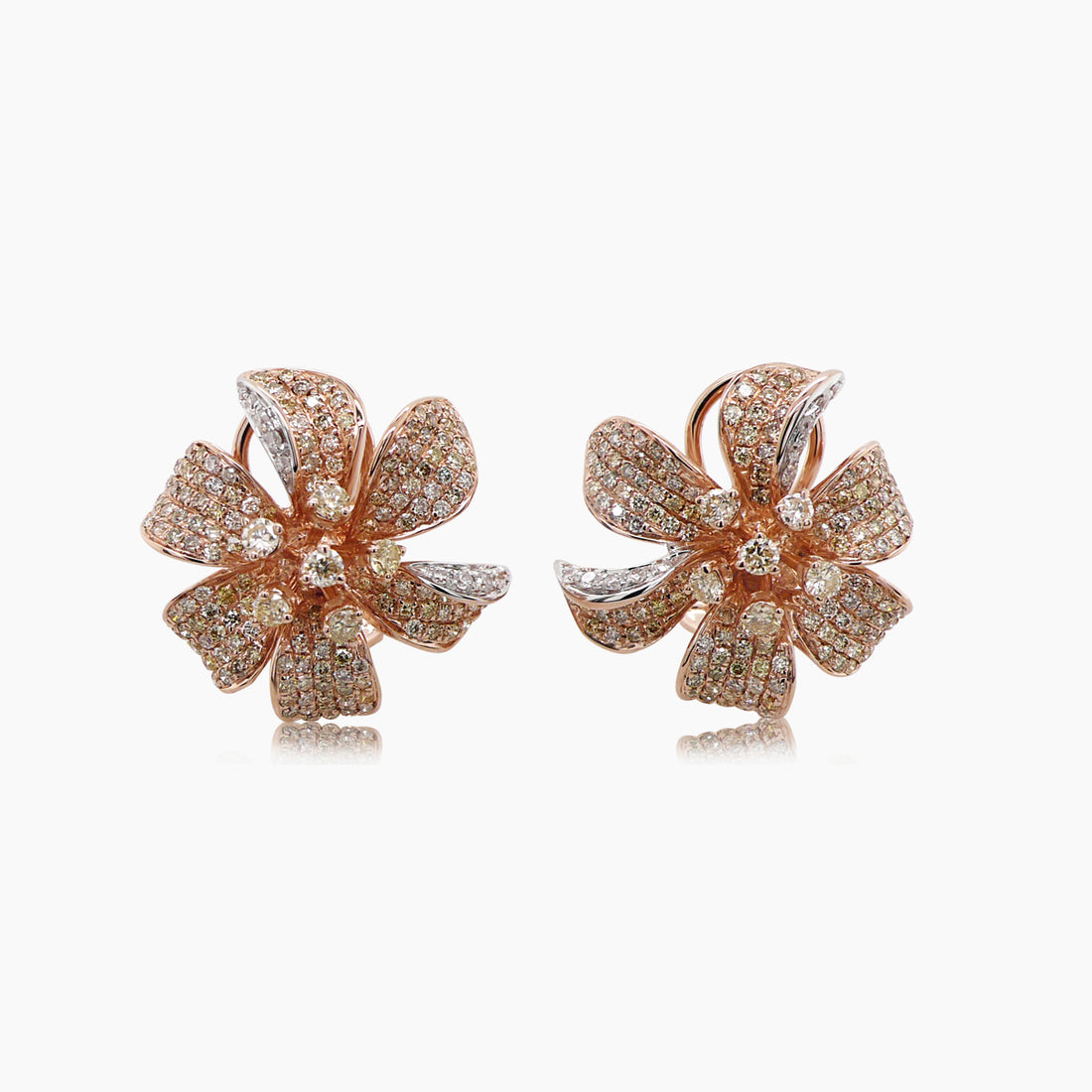 White & Fancy Diamond Pave Set Lilly Flower 18K White & Rose Gold Earrings