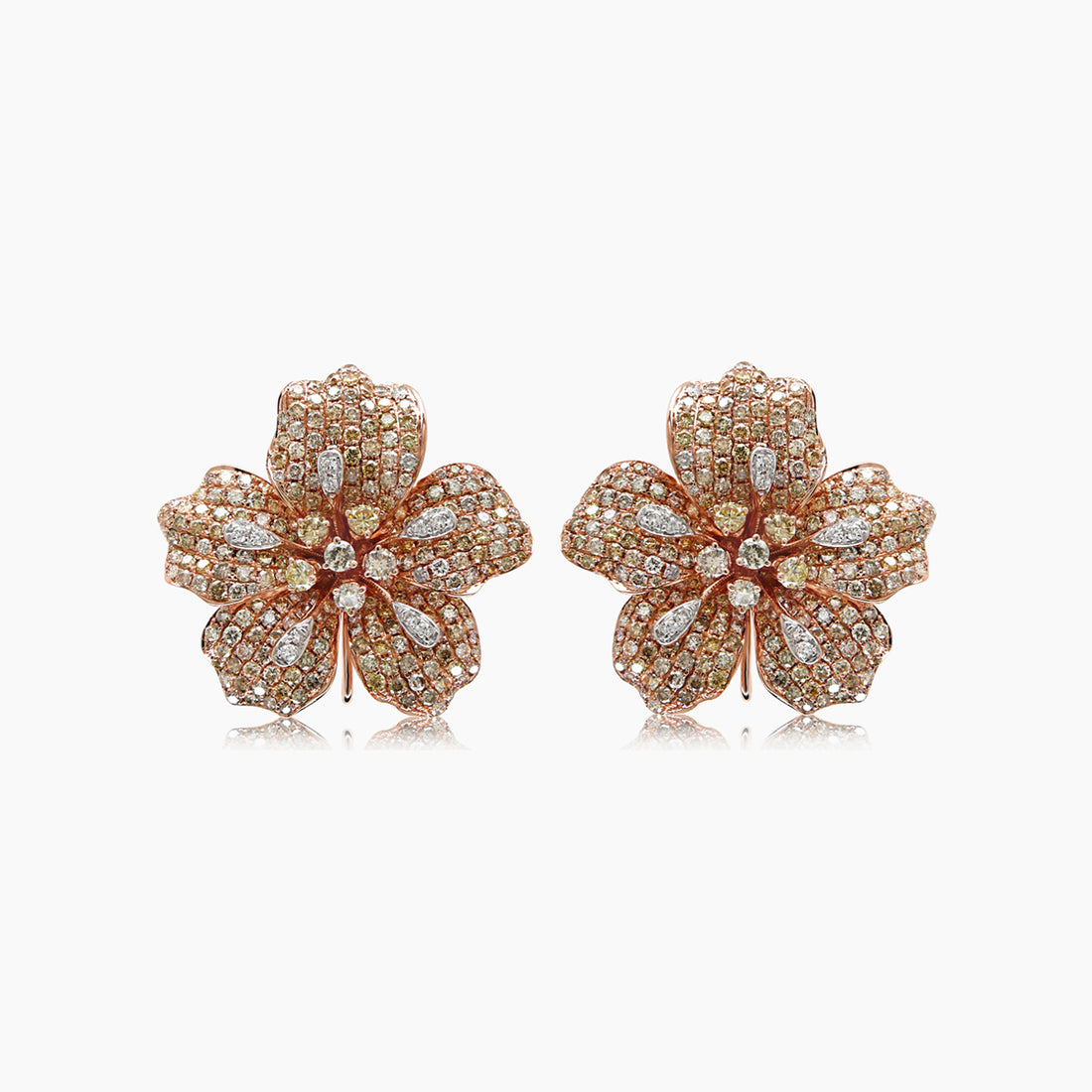 White & Fancy Diamond Pave Set Lilly Floral Flower 18K Rose Gold Earrings