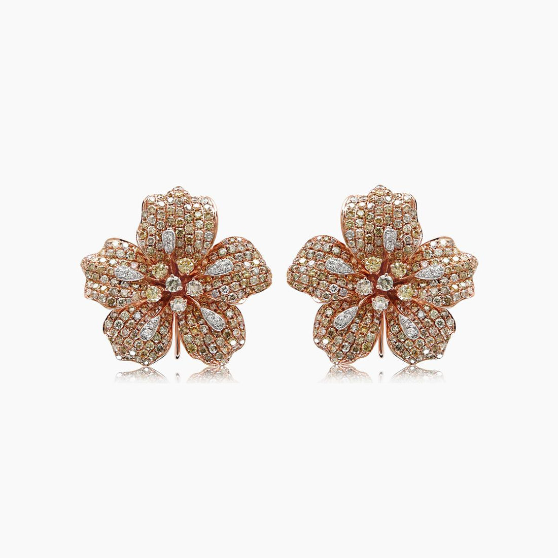 White &amp; Fancy Diamond Pave Set Lilly Floral Flower 18K Rose Gold Earrings