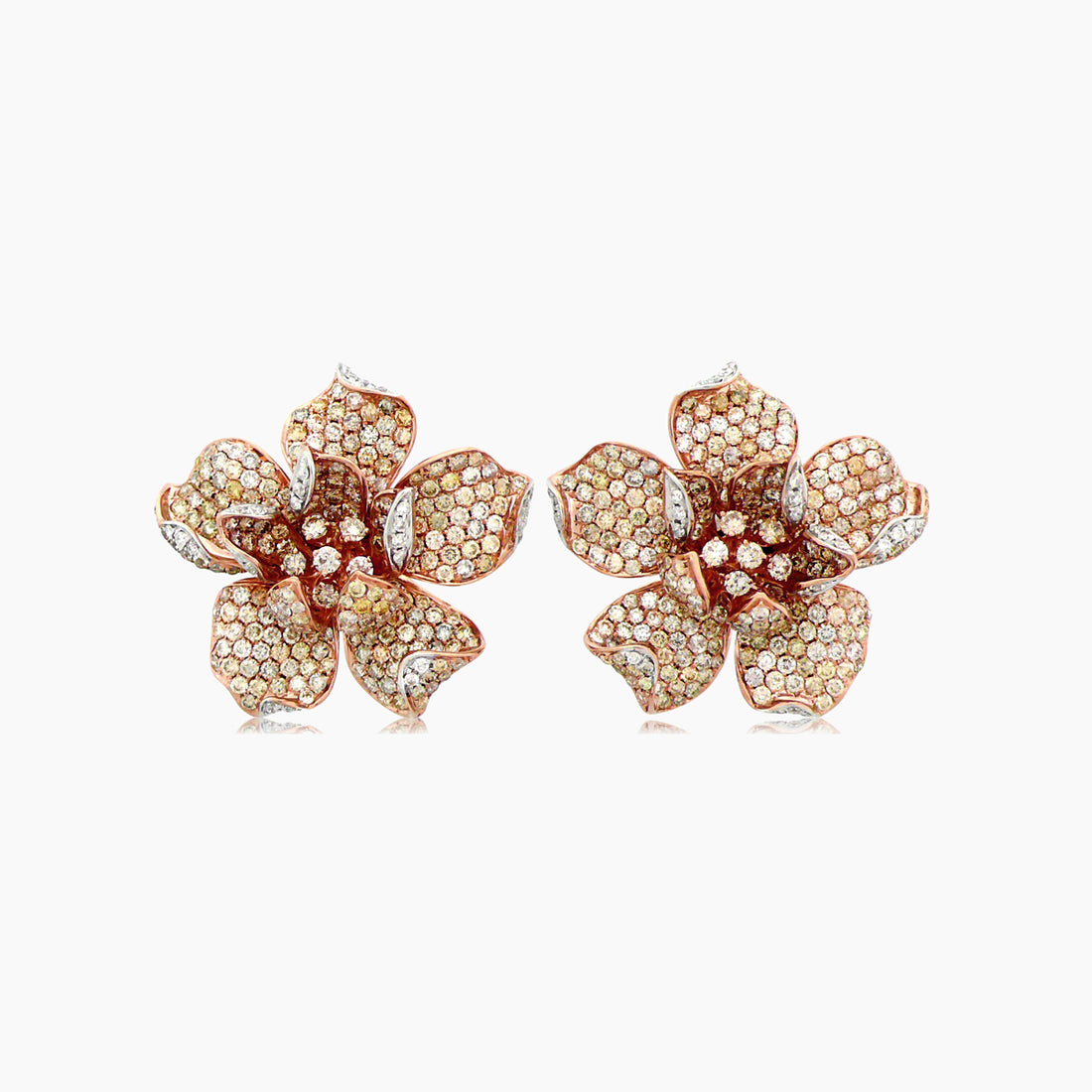 White & Fancy Diamond Pave Set Lilly Flower 18K White & Rose Gold Earrings