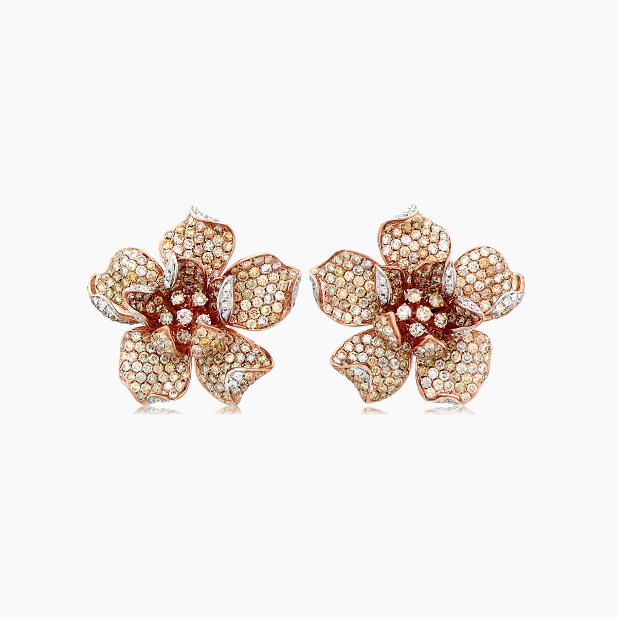 white & fancy diamond pave set lilly flower 18k white & rose gold earrings