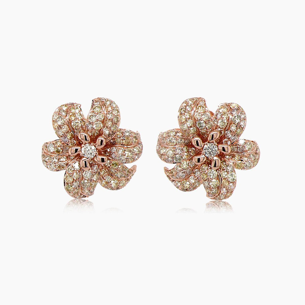 White & Fancy Diamond Pave Set Lilly Flower 18K Rose Gold Earrings
