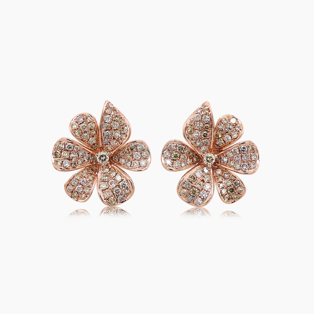 White & Fancy Diamond Pave Set Floral Flower 18K Rose Gold Earrings