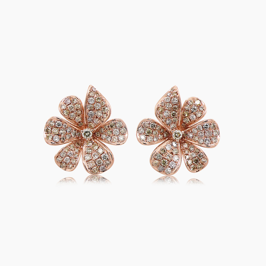 White & Fancy Diamond Pave Set Floral Flower 18K Rose Gold Earrings