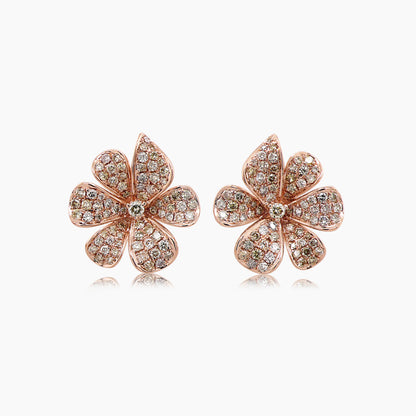 White & Fancy Diamond Pave Set Floral Flower 18K Rose Gold Earrings