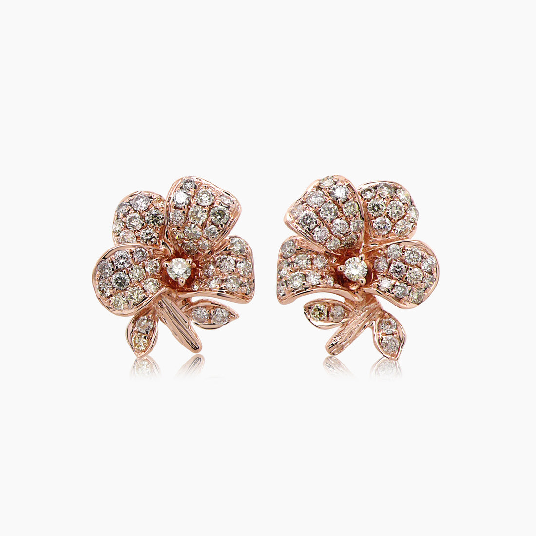 White & Fancy Diamond Pave Set Lilly Floral Flower 18K Rose Gold Earrings