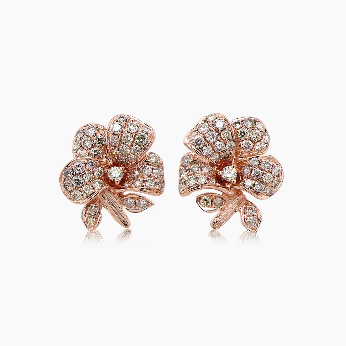 white & fancy diamond pave set lilly floral flower 18k rose gold earrings