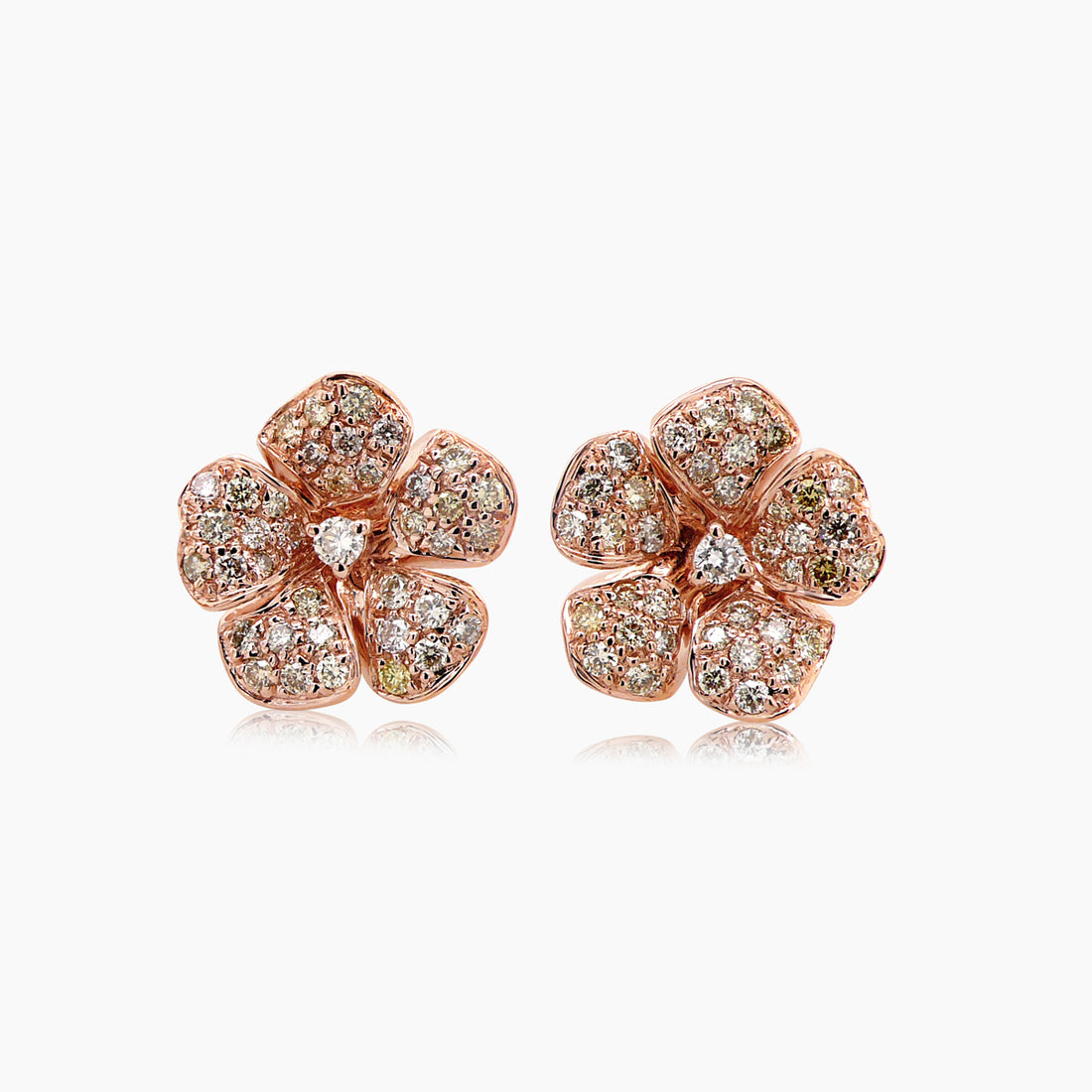 White & Fancy Diamond Pave Set Floral Flower 18K Rose Gold Earrings