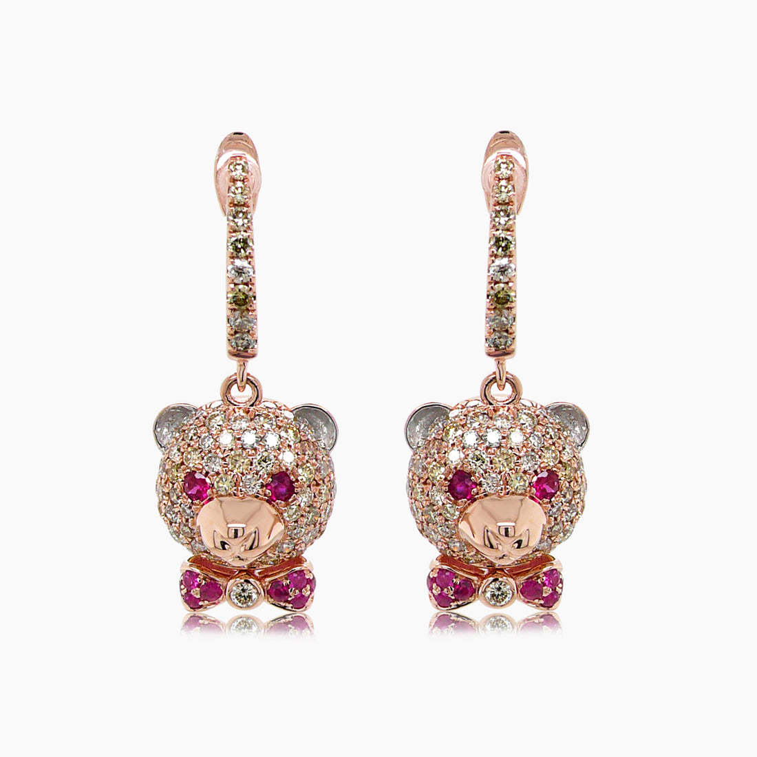 Fancy Diamond & Ruby 18K Rose Gold Teddy Bear Earrings