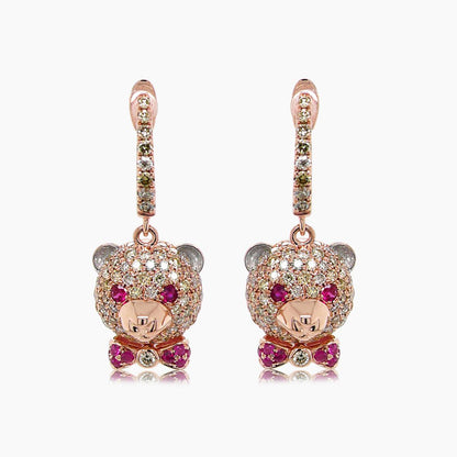 Fancy Diamond & Ruby 18K Rose Gold Teddy Bear Earrings