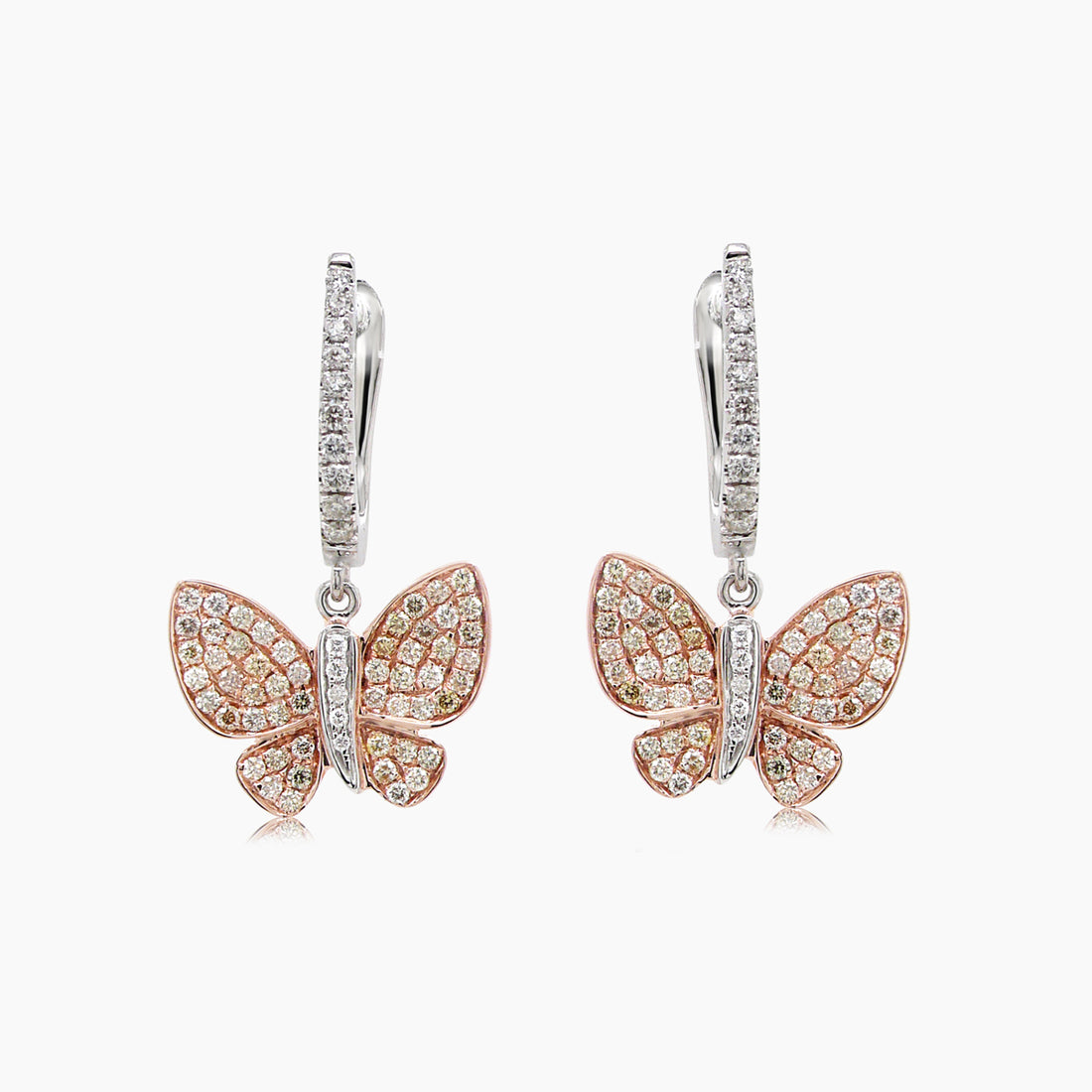 Diamonds Pave Butterfly Sweet 18K White & Rose Gold Drop Earrings