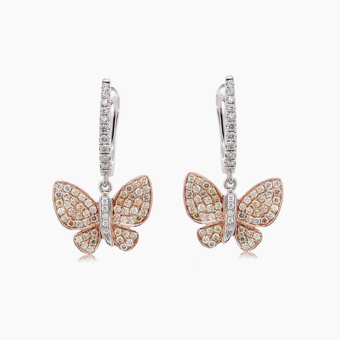 Diamonds Pave Butterfly Sweet 18K White &amp; Rose Gold Drop Earrings