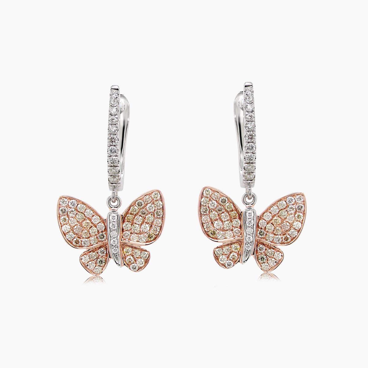 Diamonds Pave Butterfly Sweet 18K White & Rose Gold Drop Earrings