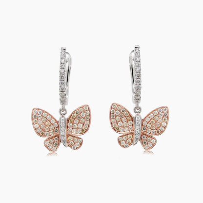Diamonds Pave Butterfly Sweet 18K White & Rose Gold Drop Earrings