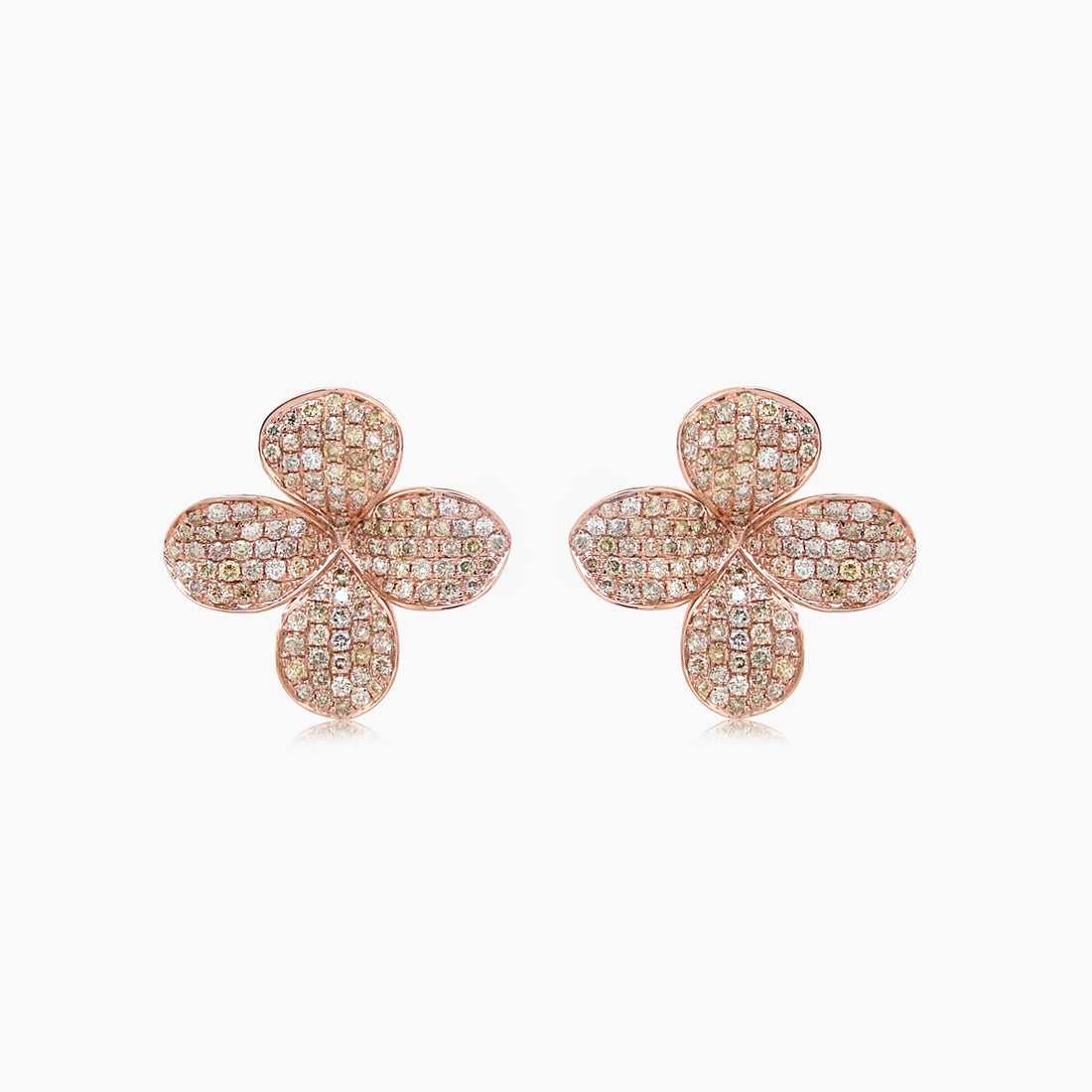 Fancy Diamond Pave Set Clover Petals 18K Rose Gold Earrings