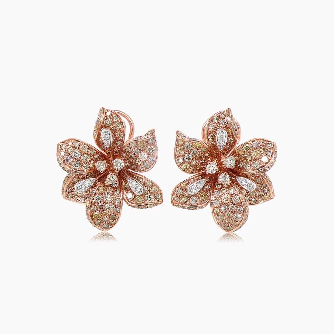 White &amp; Fancy Diamond Pave Set Lilly Floral Flower 18K Rose Gold Earrings