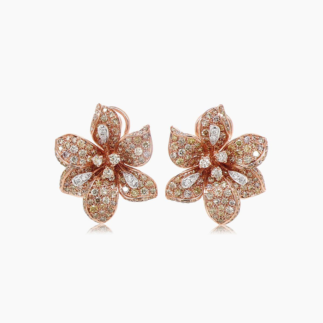White &amp; Fancy Diamond Pave Set Lilly Floral Flower 18K Rose Gold Earrings