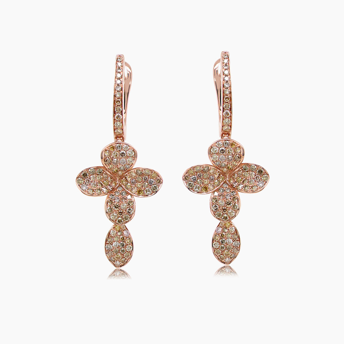 Fancy Diamond Pave Set Flower Petals 18K Rose Gold Cross Earrings