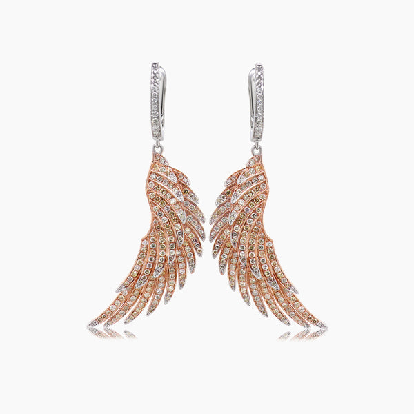 Fancy Diamond & White Diamond 18K Gold Bird Wings Fantasy Angel Earrings