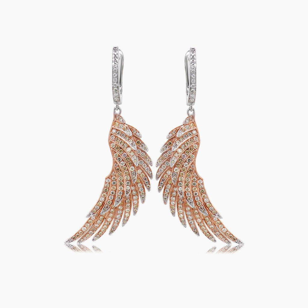 Fancy Diamond & White Diamond 18K Gold Bird Wings Fantasy Angel Earrings