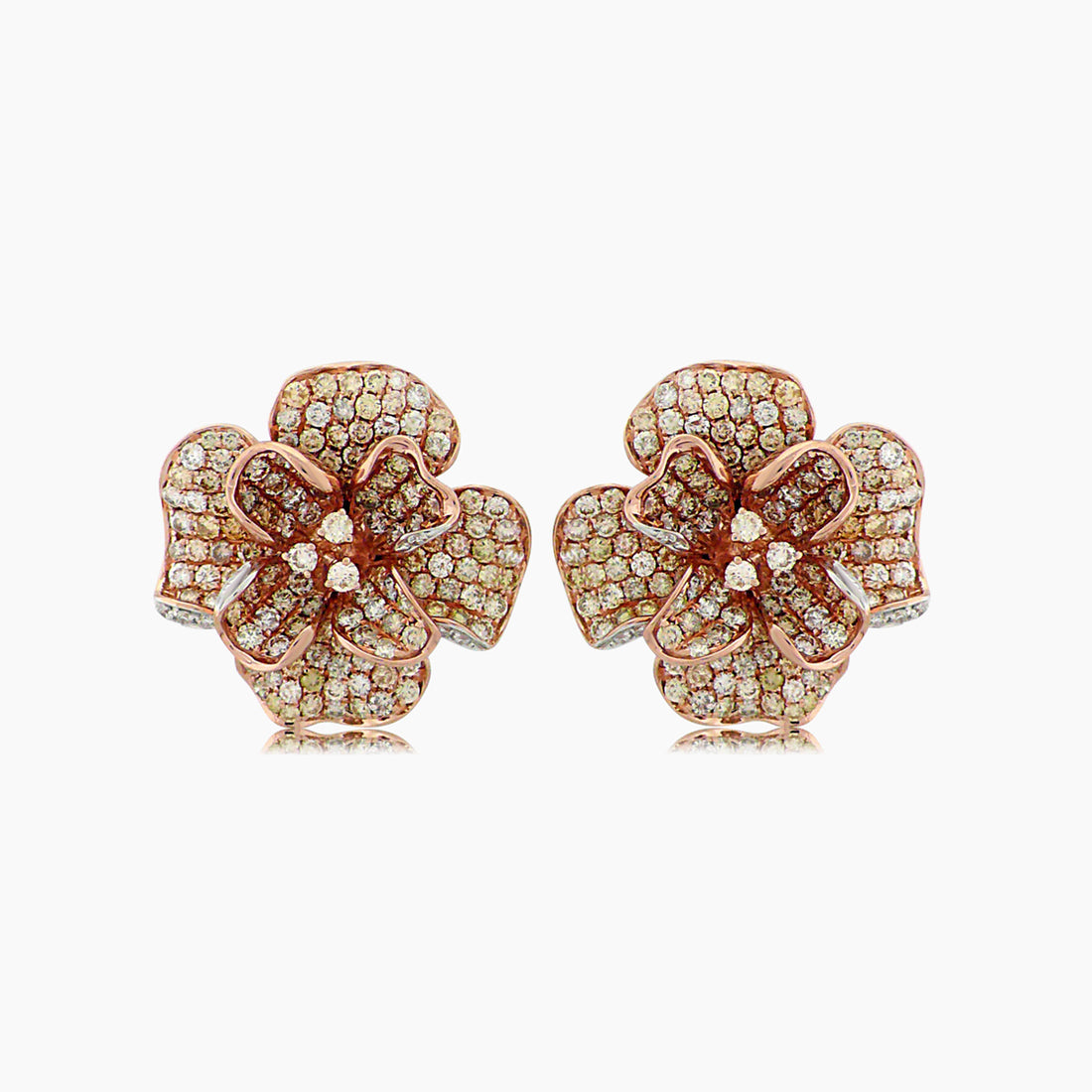 White &amp; Fancy Diamond Pave Set Floral Flower 18K Rose Gold Earrings