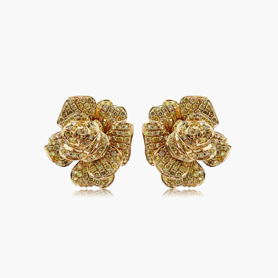 White &amp; Fancy Diamond Pave Set Floral Flower 18K Rose Gold Earrings