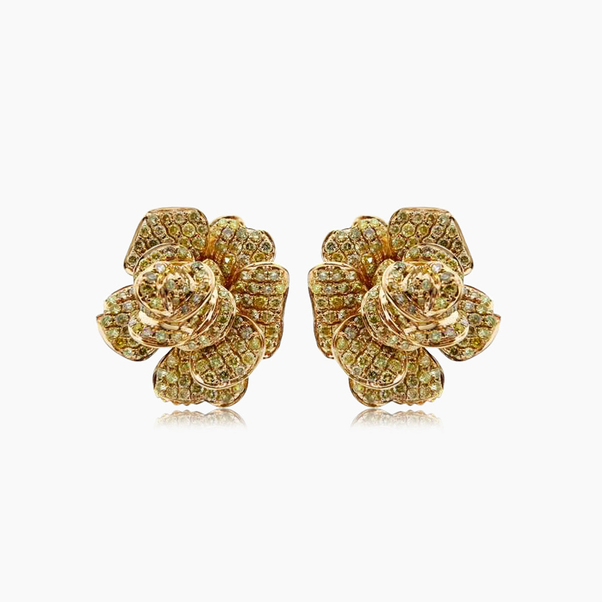 white & fancy diamond pave set floral flower 18k rose gold earrings