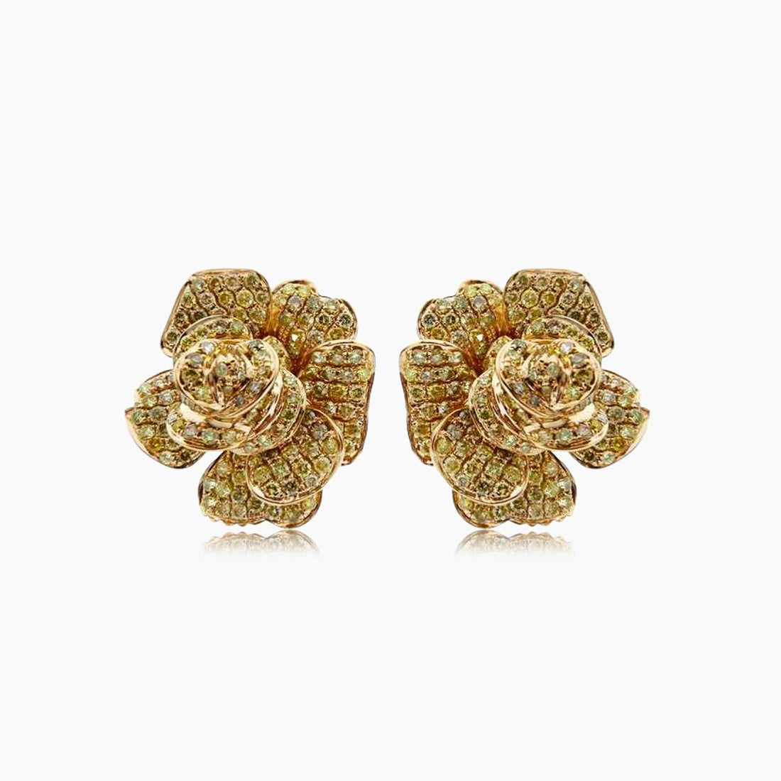 White &amp; Fancy Diamond Pave Set Floral Flower 18K Rose Gold Earrings