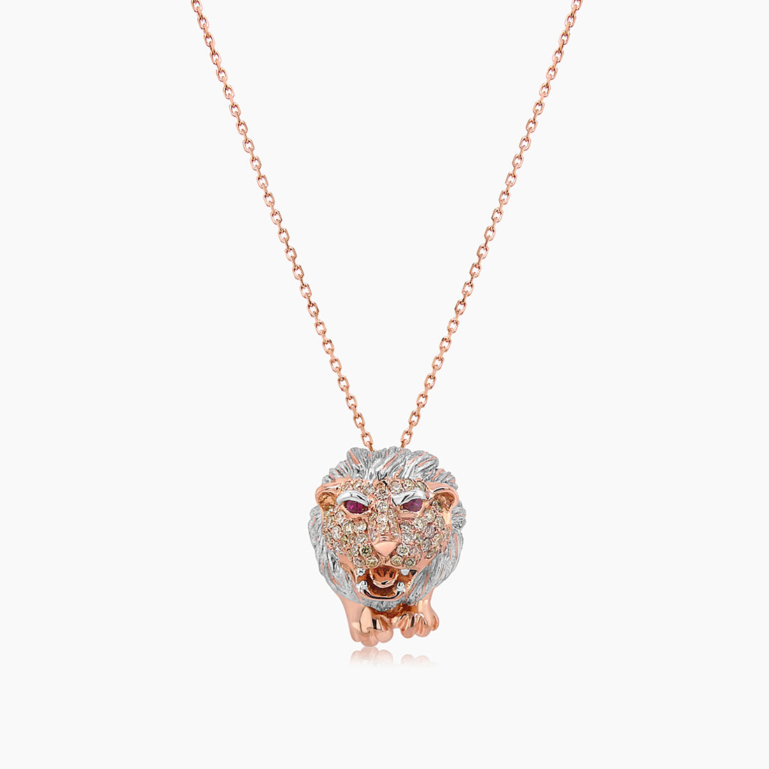 Lion Fancy Diamond Ruby 18K Rose Gold Pendant Necklace