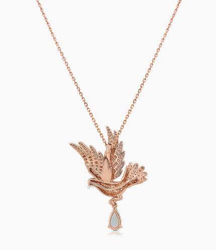 Aquamarine & Ruby & Diamond Pave Dove Bird 18K Two Tone Gold Pendant Necklace