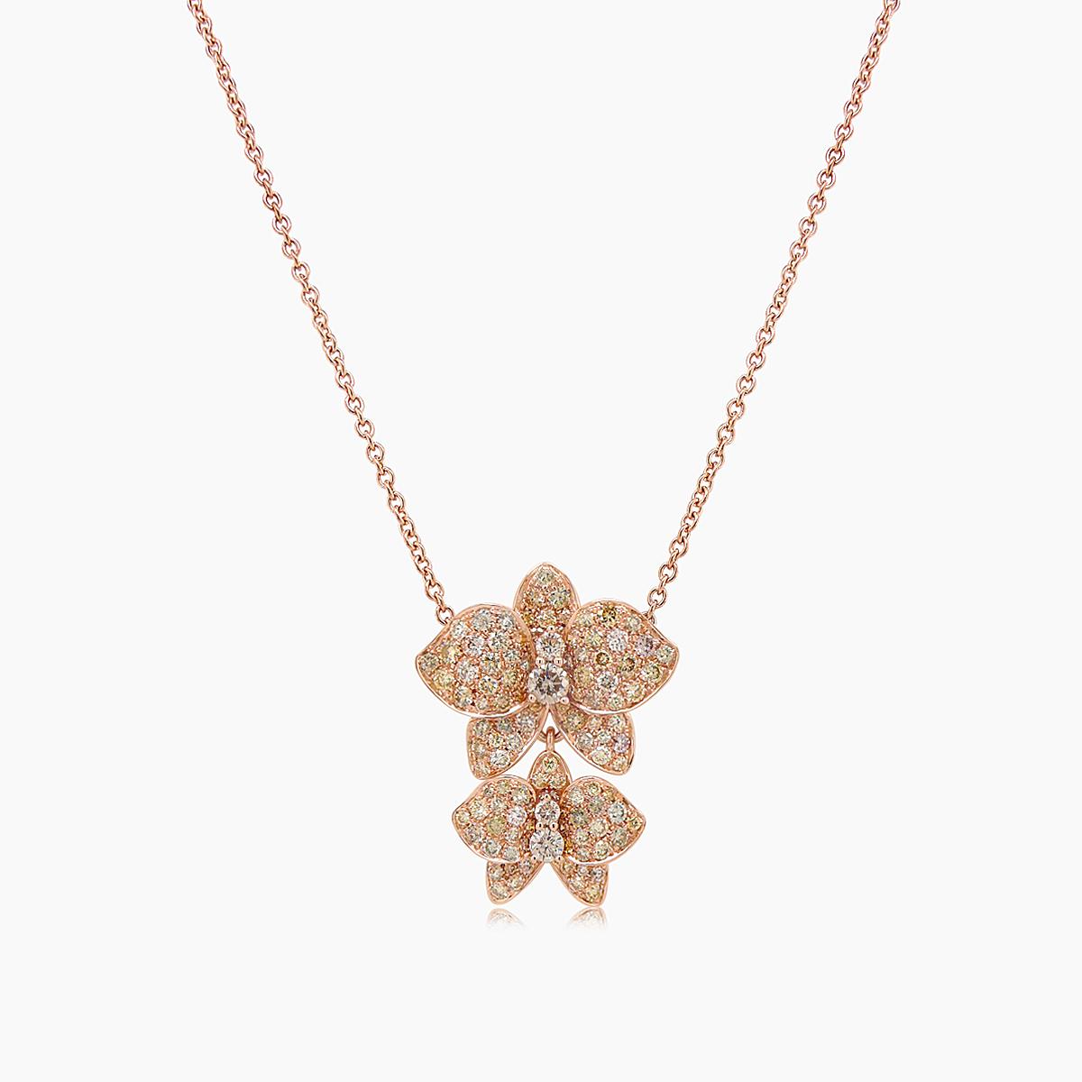 fancy & brown diamond floral petals 18k rose gold butterfly pendant necklace