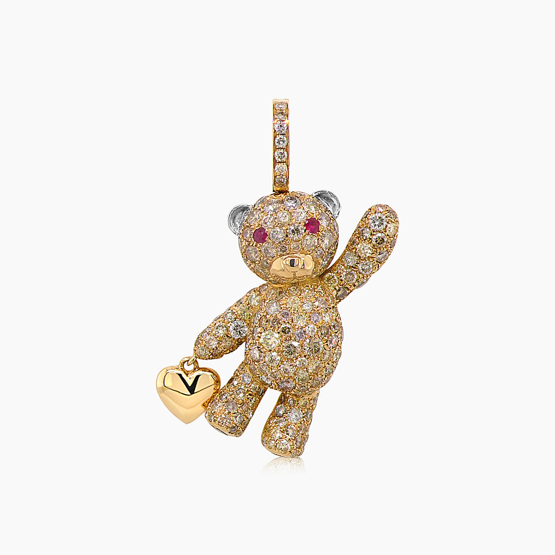 Fancy Diamond & Ruby 18K Yellow Gold Teddy Bear Pendant Necklace