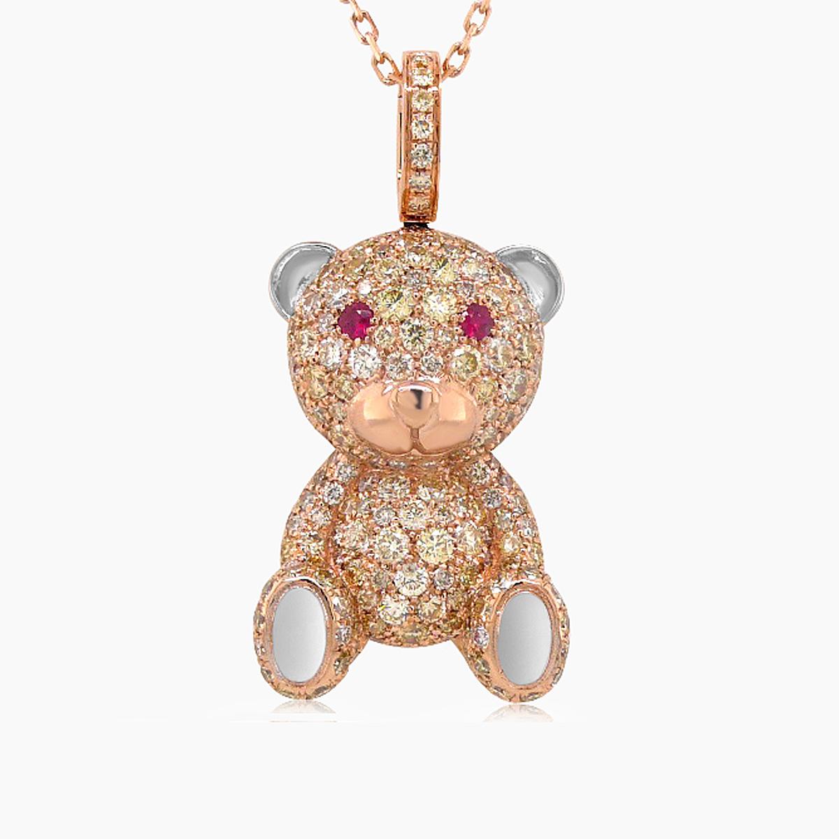 fancy diamond & ruby 18k rose gold teddy bear pendant necklace