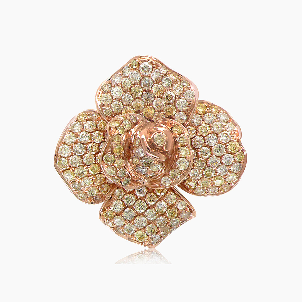 Fancy Diamond Pave Set Floral Flower 18K Gold Rose Design Ring
