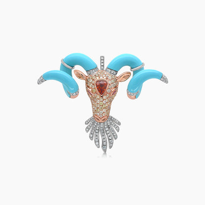 Taurus Bull Aries Ram Zodiac Diamond Pave & Turquoise 18K Gold Pendant