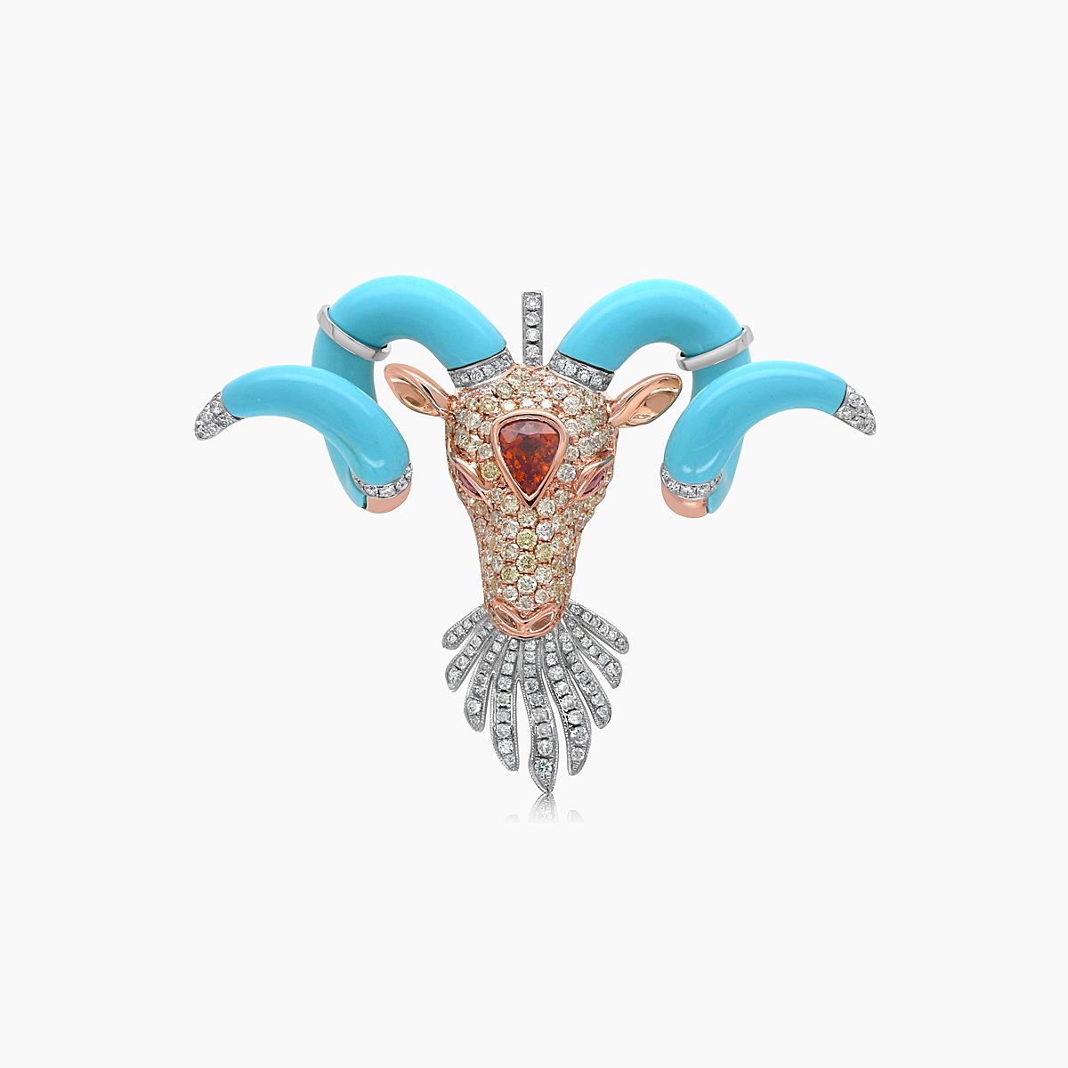 taurus bull aries ram zodiac diamond pave & turquoise 18k gold pendant